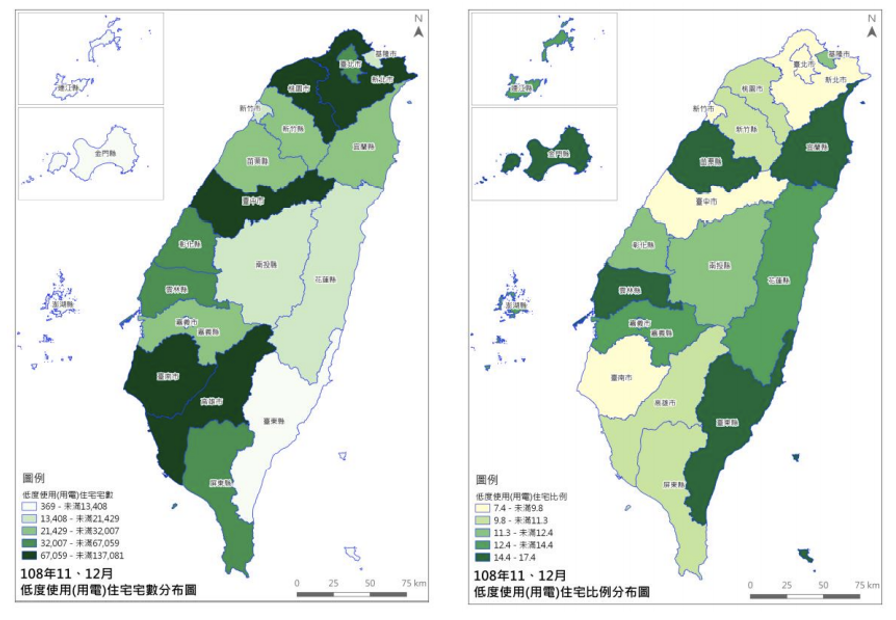 低度用電住宅宅數、比例分布圖，2019年底（Source: 內政部不動產資訊平臺，低度使用(用電)住宅新建餘屋（待售）住宅統計資訊簡冊，頁 33）