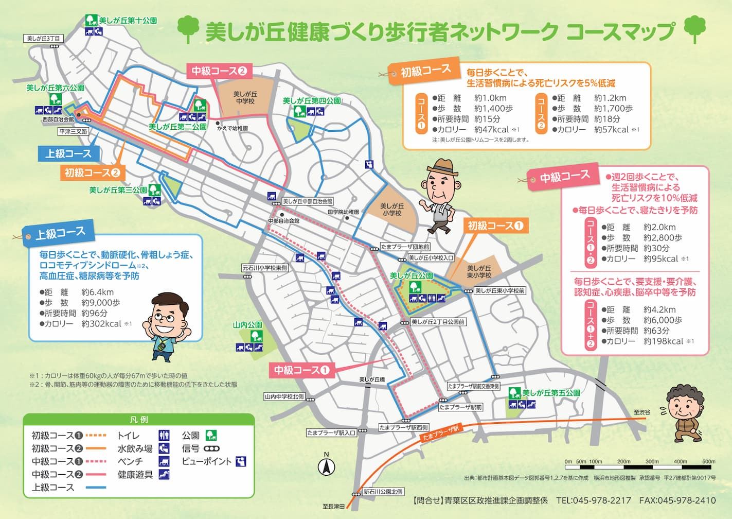美しが丘團體健走活動(美しが丘健康ウォーキング)設計了各種不同難度的路線(Source:横浜市青葉区役所)