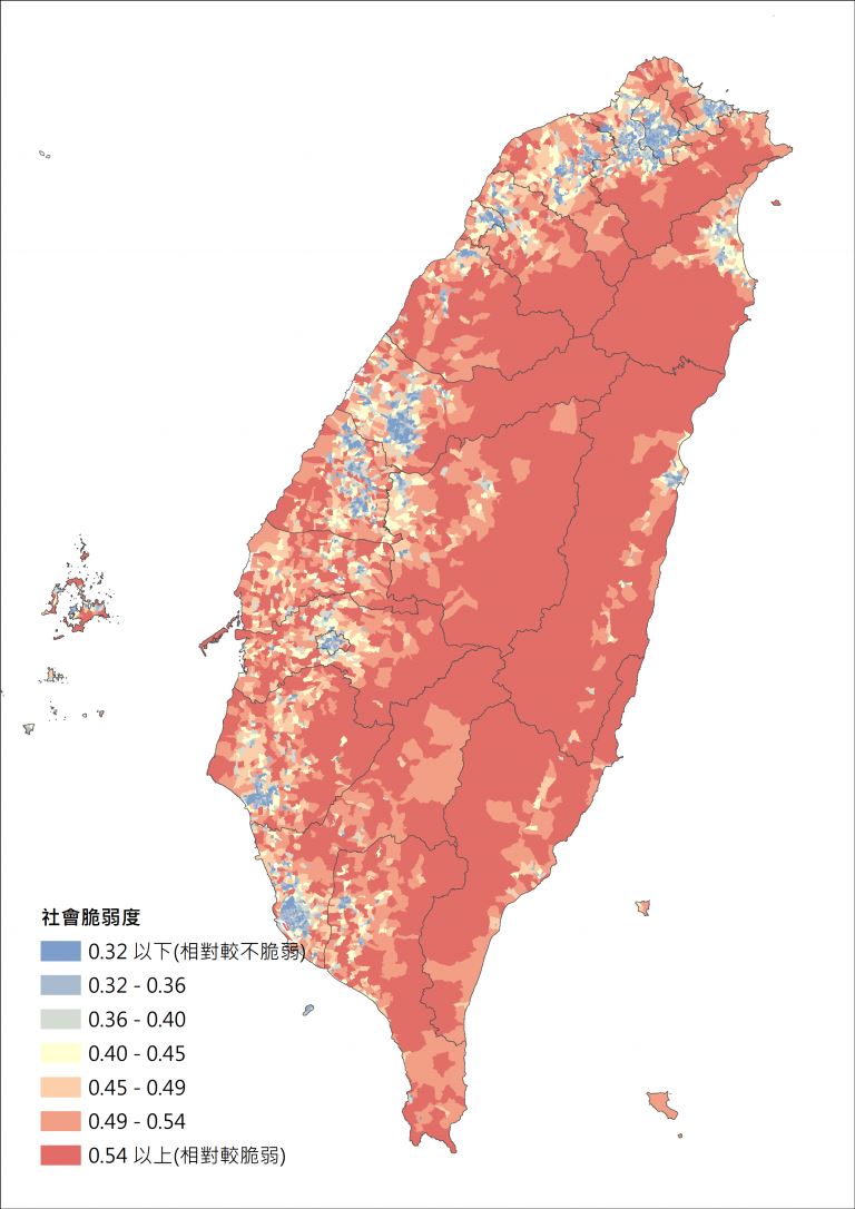 臺灣本島社會脆弱度分布圖（圖片繪製：城市說話數位工作室