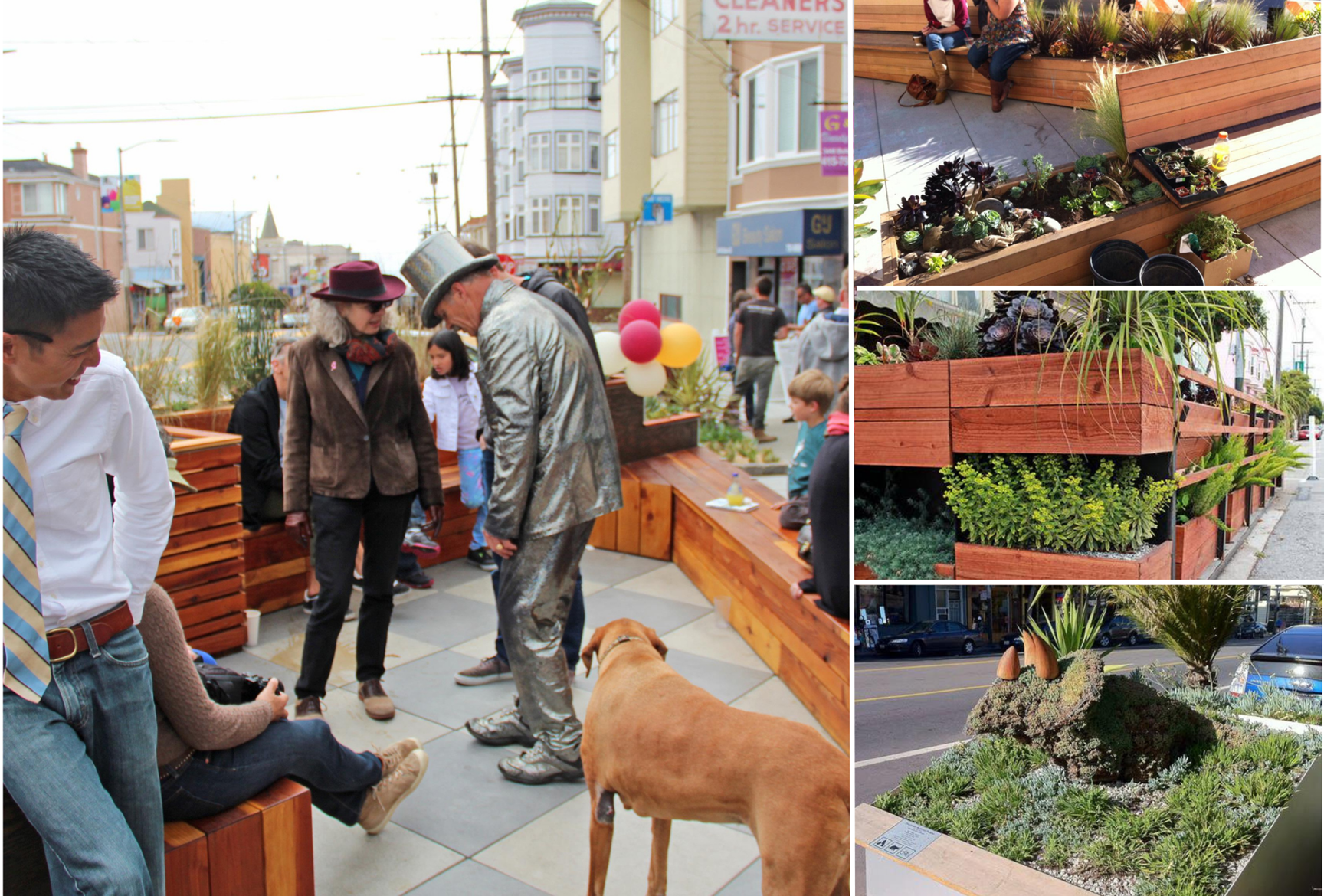 早期 Parklet 以簡單的植栽與座椅組成,強調可快速搭建、可拆卸,作為測試街道使用權的都市實驗。
左圖:Hosted by Simple Pleasures Café. Design by Step 3 Studio. Photo by SF Planning.
右上:Integrated planting,Hosted by Devil’s Teeth Baking Company. Designed by Matrozzi-Pelsinger Builders. Photo by SF Planning.
右中:Hosted by Amandeep Jawa and Kimberly Conley. Designed by Jane Martin. Photo by SF Planning.
右下:Hosted by Cinderella Russian Bakery and Cafe. Design by REBAR. Build by LMNOP. Photo by SF Planning.