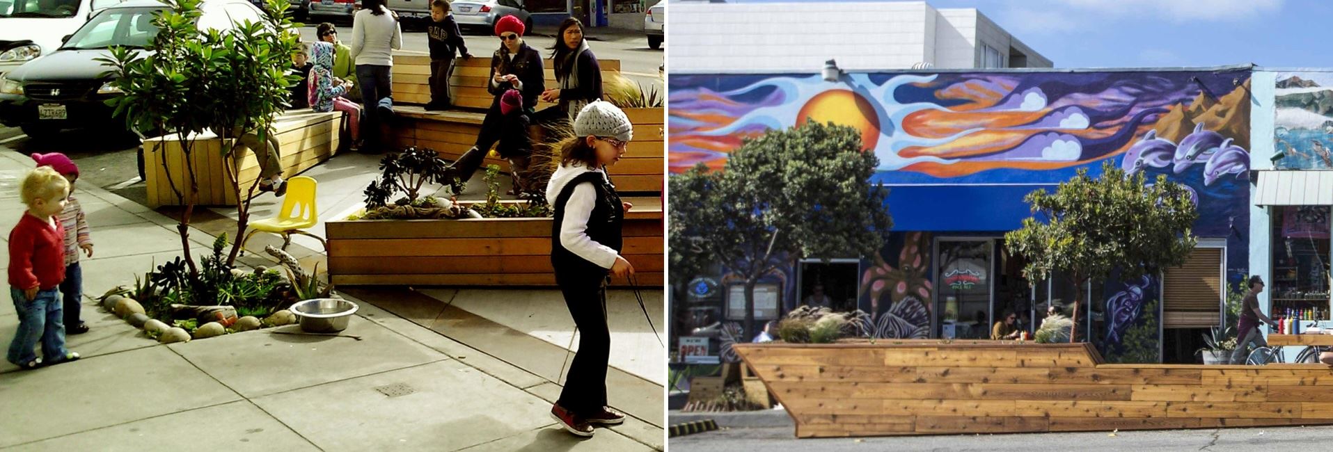 透過 Parklet 設置將街道從「交通路徑」轉化為「社交場域」,數據顯示這不僅顯著提升了街區步行滿意度,更帶動了在地商家的生意與社會互動。(Hosted by Devil’s Teeth Baking Company. Designed by Matrozzi-Pelsinger Builders.)