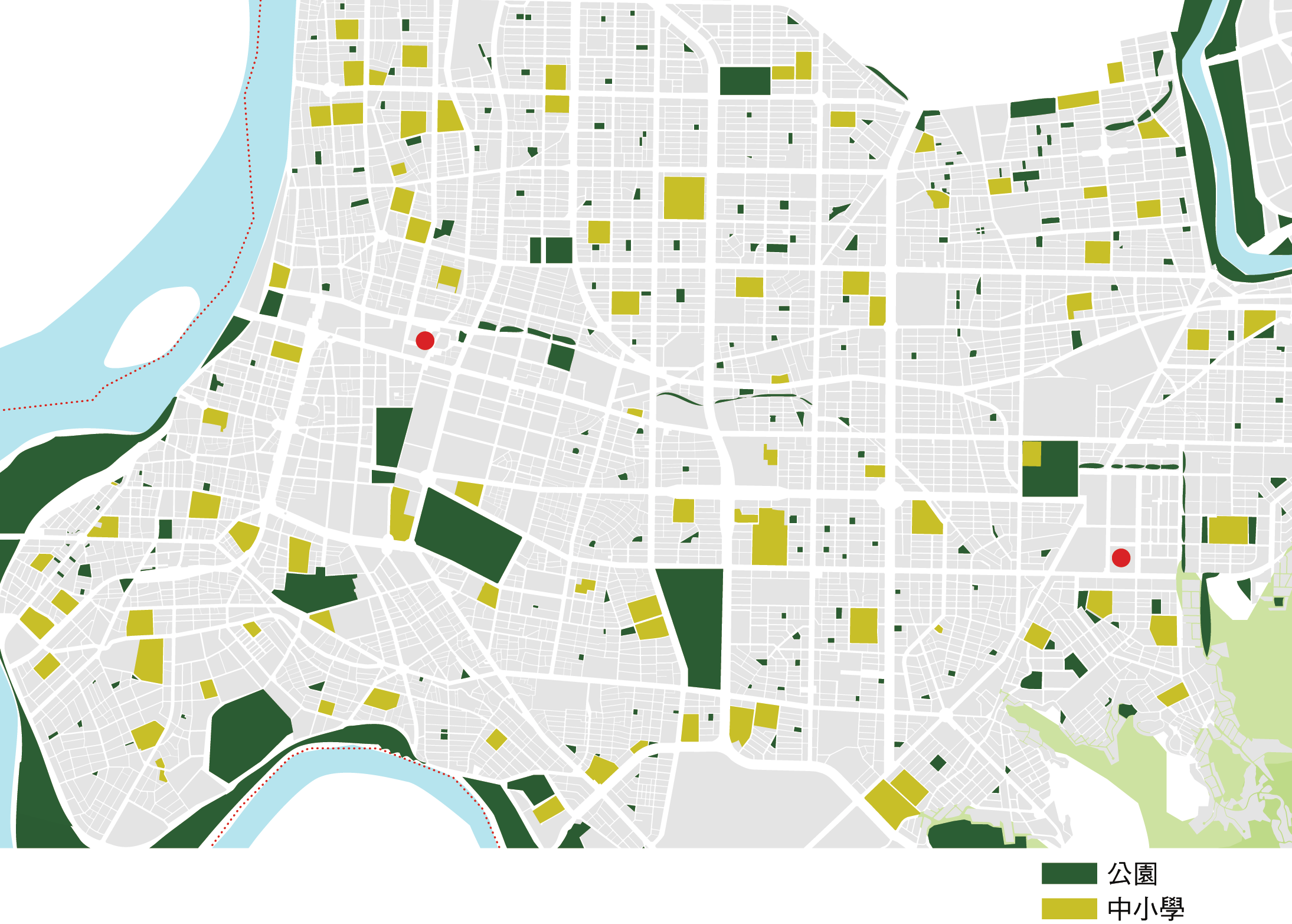 （鄰里公園密布在臺北市的住宅街廓中，面積都不大，在 1,000 至 5,000 平方公尺之間，宛如高密度居住環境的公共中庭。中小學校園，也加入臺北市的綠地和公共活動系統中。）