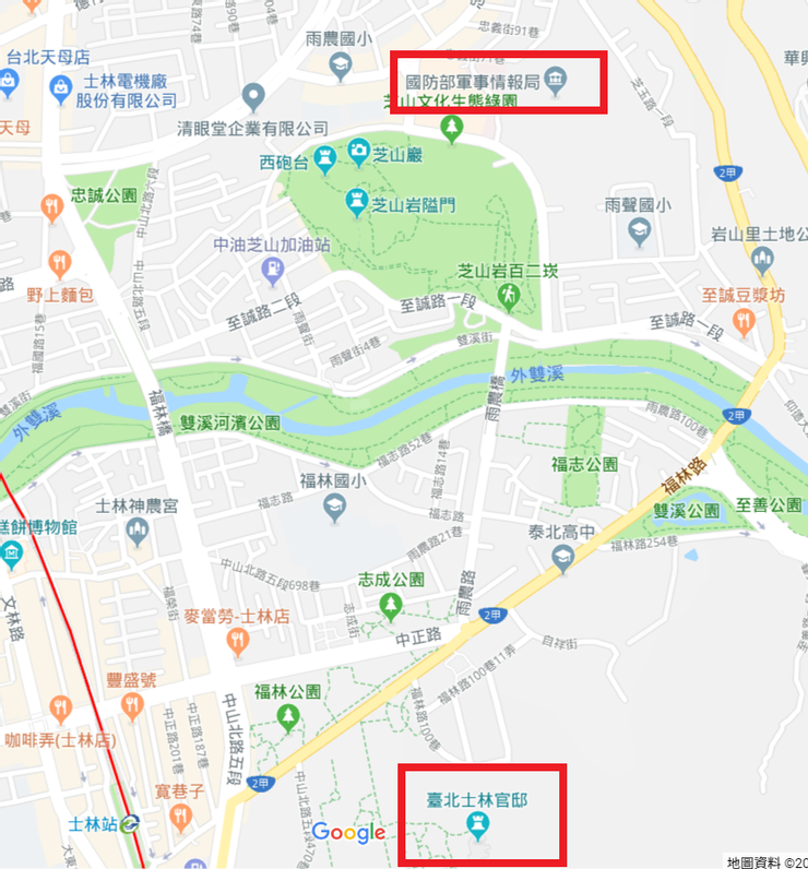 芝山岩與軍情局與士林官邸的相對位置圖。