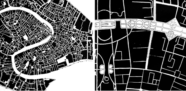 (艾倫‧雅各(Allan Jacobs)於《城市大街(Great Streets)》一書中所分析的威尼斯(左)與巴西利亞(右)城市街道密度)