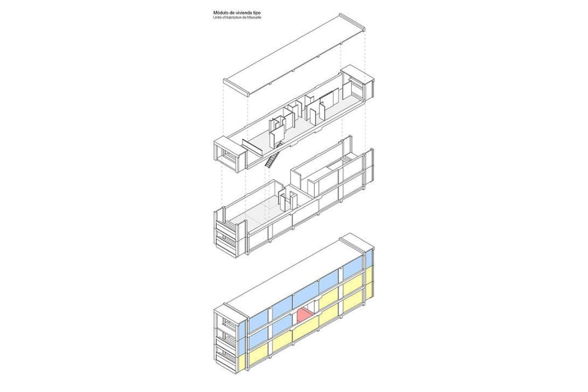 （馬賽公寓 L'unite d'habitation de Marseille 居住單元爆炸圖及其外觀照片）