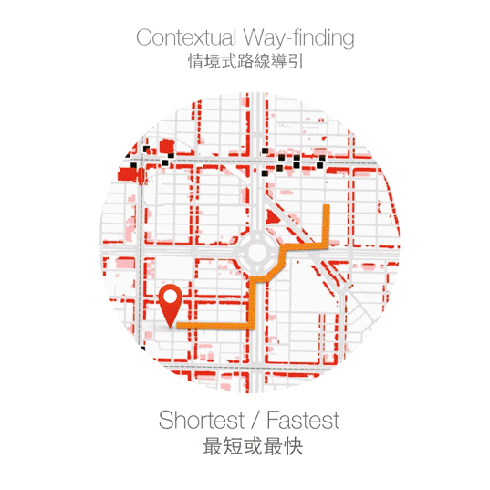(情境式路線導引示意而當城市的資料越來越豐富,除了「下雨地圖」、「晴天地圖」、「夜晚地圖」之外,我們是不是還可以有「免費吹冷氣地圖」、「遠離噪音地圖」、「夏天陰影地圖」之類更多的情境選擇?)