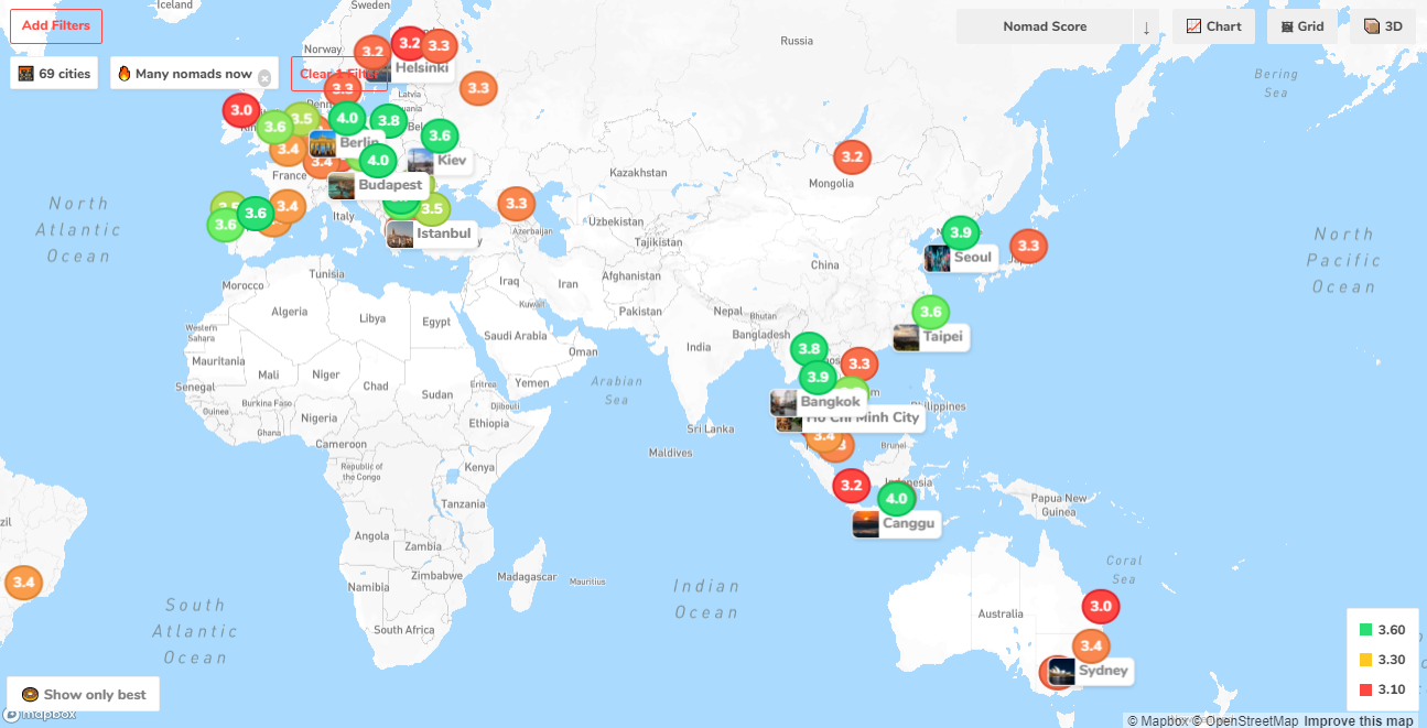 以綜合遊牧評價為篩選標準所顯示的Nomad List地圖（資料來源／nomadlist.com）